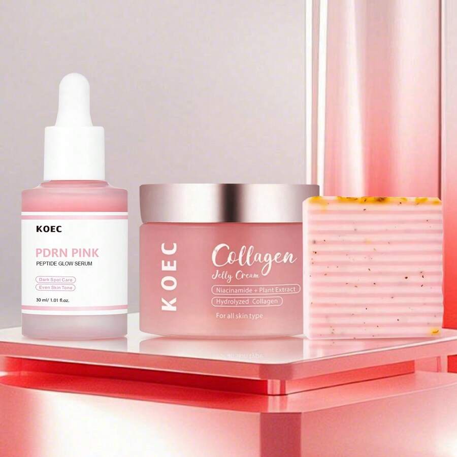 3 Piece Set KOCE  Rose Pdrn Pink Peptide Serum, , 30 Ml+Collagen Niacinamide Jelly Cream+PH Balance Yoni Soap For Feminine Cleansing , Valentine's Day And Other Festivals