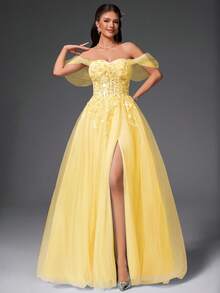 VIPGIRL Váy dạ hội trễ vai bằng vải tuyn màu vàng có đính vải, váy dạ hội chữ A hở vai, váy dạ hội công chúa cho nữ, tiệc tốt nghiệp, tiệc dạ hội, khách dự tiệc cưới - Màu vàng - Xem 5