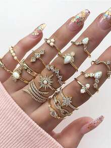 波西米亚风格戒指，融合欧美风格，17件套钻石镶嵌戒指首饰 - 彩色 - 查看 1