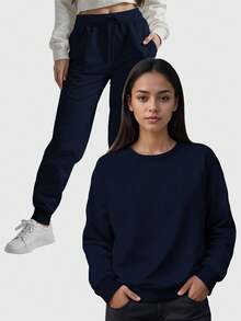 Women's Round Neck Sweatshirt And Comfort Flannel Pants Set - 藏蓝色 - 查看 1