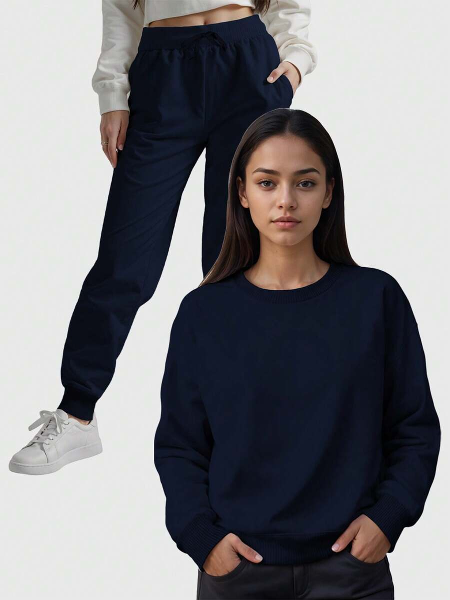 Women's Round Neck Sweatshirt And Comfort Flannel Pants Set - 藏蓝色 - 查看 1