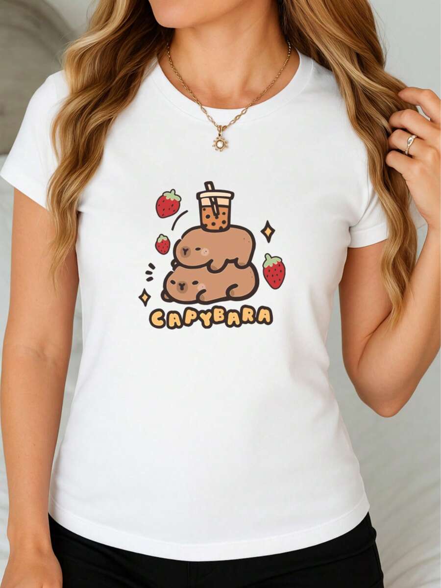 Camiseta de manga corta con estampado de CAPIBARAS de cuello redondo, playeras para mujer, blusas gráficas para mujer - Blanco - Ver 1