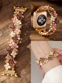Dây đeo đồng hồ bằng hợp kim kẽm họa tiết hoa nhiều màu, tương thích với đồng hồ Apple Watch 38mm/40mm/41mm/42mm/44mm/45mm/49mm dành cho nữ, làm quà tặng tương thích với Apple Watch Series Ultra 2 SE 9 8 7 SE 6 5 4 3 2 1 - cà phê vàng - Xem 4