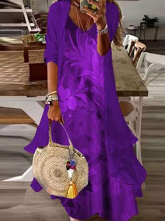 女式加大码优雅 V 领羽毛印花无袖连衣裙，搭配 3/4 袖雪纺开衫两件套服装，适合春季、夏季和秋季