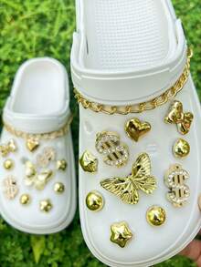 22 件 DIY 花园鞋配件，镀金 3D 蝴蝶水钻，金色铝链装饰，可拆卸装饰适用于镂空拖鞋/凉鞋，四季皆宜，节日礼物