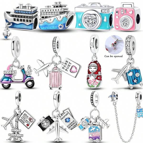 1 peça de mala de viagem romântica banhada a prata rosa, mapa de avião e balão de ar quente, boneca matryoshka russa, pingente pendurado, adequado para pulseira, colar, joias faça você mesmo, contas, presente de aniversário surpresa para mulheres e meninas