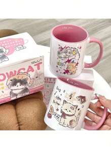 Caneca Cerâmica com Gato de Pelúcia, Xícara de Leite para Café da Manhã, Copo de Água, Conjunto de Presentes de Volta às Aulas