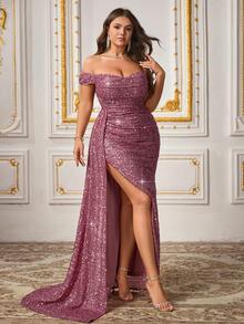 CHOSMO Plus Size New Style Shiny Solid Color Elegant Beaded Split Hem Women's Dress, Suitable For Wedding Photography, Party, Anniversary, Formal Evening Gala, Wedding Guest, Stage Performance, Cocktail Party, Halloween Costumes