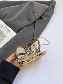 1pc Mini Metal Silver Bow Decor Cute Crossbody Bag, Mini Evening Clutch Bag With Metal Bow Detail, Fashionable Personalized Girl's Chain Bag, Suitable For Party And Date, Shoulder Crossbody Bag For Female, Best Gift For Friends And Family
