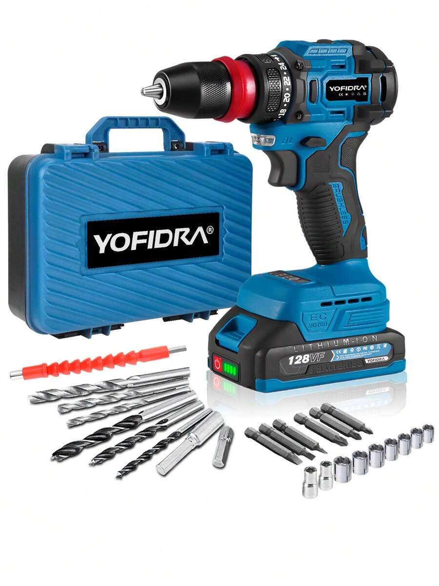 Yofidra Electric Screwdriver 2 In1 Brushless Hammer Cordless Drill Impact Multifunctional Power Tool Set With Tool Box And Drill Bit