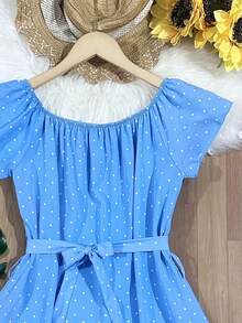 Floral Polka Dots With Belt Ruffle Hem Beach Women's Fashion - Baby Blue - View 2