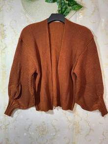 Women's Knitted Winter Coat With Puff Sleeves, Simple, Knitted - Marrón - Ver 1