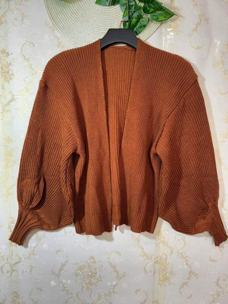 Women's Knitted Winter Coat With Puff Sleeves, Simple, Knitted - Marrón - Ver 1