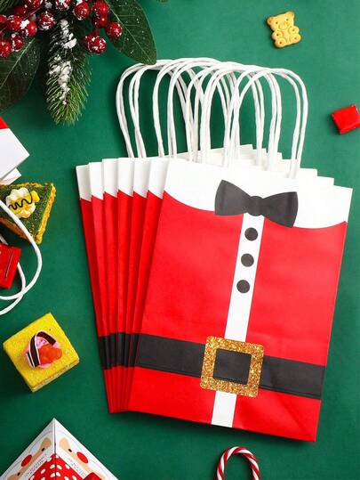 10Pcs-Santa Belt Pants Gift Bag, Christmas Gift Bags With Handles, Paper Christmas Bag Christmas Gift Bag, Christmas Gift Bags With Handles, Reusable Christmas Gift Bags, Santa Claus Pattern Kraft Paper Bags,Party Favor Bag, Large Santa Clause Suit Print Bag With Handl, Christmas Gift Tote Bags, New Year Present Bags, Holiday Party Favors, Birthday, Xmas Packaging