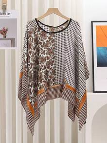 1pc Women's Summer Printed Batwing Sleeve Top Chiffon Poncho Casual Loose Sheer Blouse Shirt With Floral Printed Silk Scarf Boho Beach Cover Ups For Dress - Multicolor - View 13