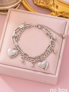 1 Pieza Brazalete vintage de doble capa con forma de corazón para adolescentes, estilo cool y hip-hop, brazalete de cadena con cuentas personalizado - Multicolor - Ver 6