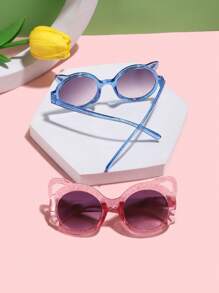 2 件装 女童 9-14 岁亚克力太阳镜 可爱圆形猫耳框领结配饰 时尚粉色眼镜 适合夏季外出和毕业礼物