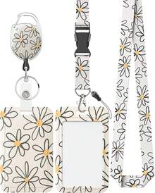 Uniclife Estuche de plástico con flores blancas para porta credenciales deslizante con carrete retráctil, clip de mosquetón y correa de cordón desmontable. Protector de tarjeta vertical de moda para - Margarita base negra - Ver 1