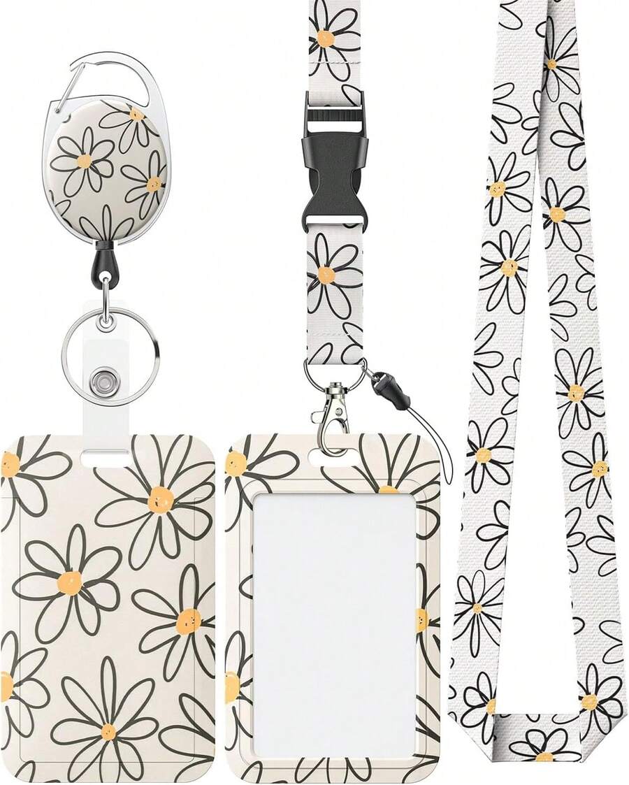Uniclife Estuche de plástico con flores blancas para porta credenciales deslizante con carrete retráctil, clip de mosquetón y correa de cordón desmontable. Protector de tarjeta vertical de moda para - Margarita base negra - Ver 1
