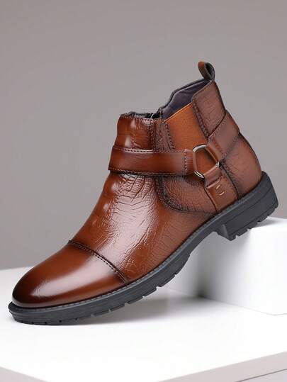 1 Pair Men's Solid Color Business Fashion PU Leather Side Zipper Buckle Formal Shoes, Suitable For Holidays, Autumn/Winter