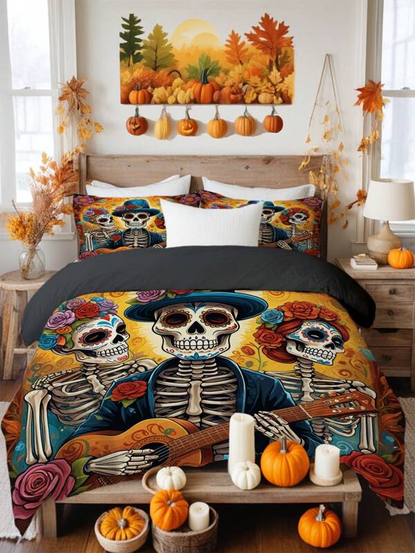 3 peças Conjunto de Capa de Edredom com Impressão de Banda de Esqueleto do Dia dos Mortos (1*Capa de Edredom + 2*Fronha, Sem Enchimento), Tema de Fantasma de Horror, Alivia o Cansaço Visual, Adequado para Todas as Estações, Adequado para Decoração de Hotelaria, Quarto, Quarto de Hóspedes e Dormitório