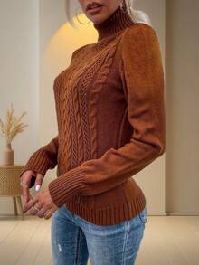 Women Turtleneck Long Sleeve Cable Knit Pullover Slim Fit Solid Sweater Tops - 棕色 - 查看 3