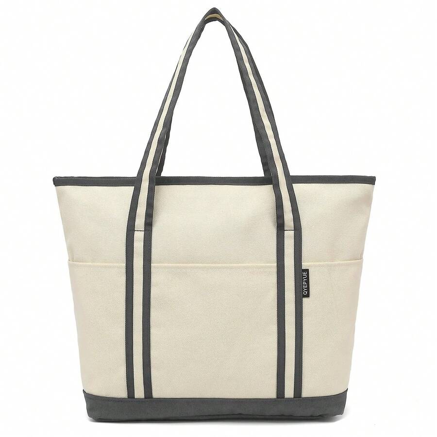 Large Canvas Tote Bag For Women, Beach Bag With Zipper, Utility Tote Bag With 3 Front Pockets, Weekender Pool Bag - Nhiều màu - Xem 1