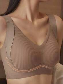 Sujetador sin costuras con efecto push-up para mujer, sujetador sin realce, con relleno extraíble, bralette, ajuste nude, ropa interior cómoda y casual, con elevación, sin cables - Café integral - Ver 1