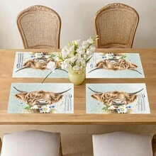 1pc/4pcs/6pcs Highland Cow Printed Linen Placemats, Suitable For Dining Table, All Season Decor, Modern Washable Table Mats, Room Decor, Coasters, Kitchen Dining Mats, Indoor Outdoor Party Decoration, Home Decor, Ideal Gift - Multicolor - View 4