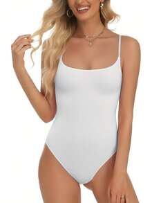 Women Sexy Spaghetti Strap Square Neck Thong Bodysuit Backless Camisoles Halter Tank Top - 白色 - 查看 4