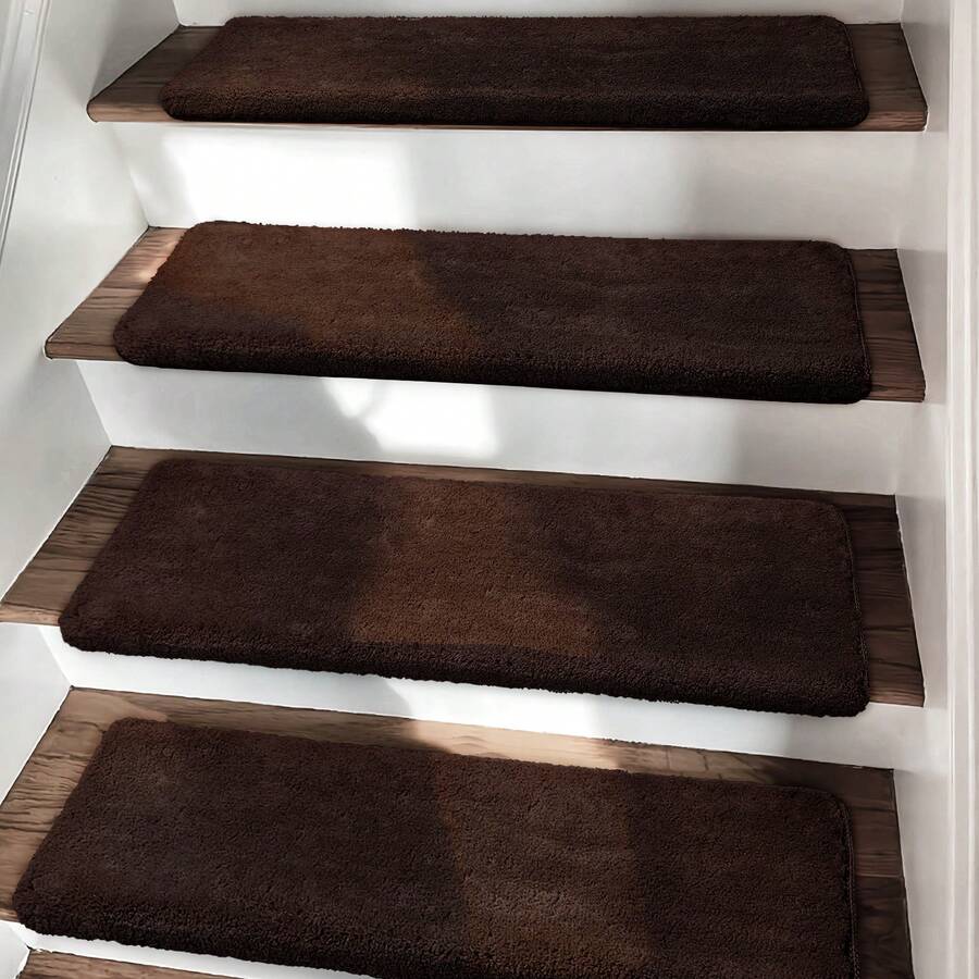 Plush Soft 14pcs Bullnosed Carpet Stair Treads Cover (9.5" X 30"X1.2")With 1pcs Landing Mat (24"X36") Rugs Set Tape Free Self-Adhensive Non-Slip Noise Reduced - 深棕色 - 查看 1