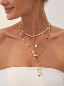 4 件套波西米亚风格彩色水晶和复古金属十字架吊坠 Y 型项链套装，适合女性日常和节日穿着，送给朋友的礼物（各种彩色水晶、铜珠链为实物） - 項鍊 - 查看 10