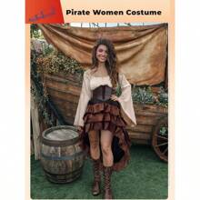 Verceco Pirate Costume Women Outfit With Renaissance Pirate Shirt Skirt Corset Waist Belt Womens Halloween Pirate Costumes(Beige+Brown, S) - 小號+++米色+棕色 - 查看 2