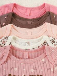 DILAVEL 5pcs/Set Summer New Baby Girl Outfits, Rompers, Jumpsuits, Floral & Letter Embroidered Cute Princess Style Outdoor Infant Clothing - Pink - View 9