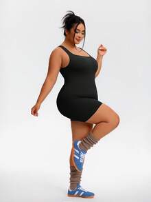 TCVC Tuta senza maniche con schiena scoperta, in taglie comode per donne, in tessuto traspirante e confortevole, con controllo addominale e alta elasticità per uno slimming effetto, in maglia traspirante e amichevole per la pelle, di stile europeo e americano, adatta per passeggiate all'aperto, shopping, viaggi, ufficio, versatile - nero - Visualizzare 5