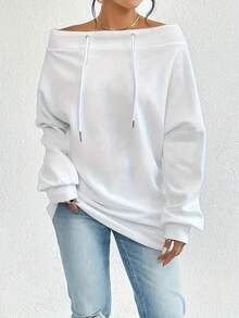Women's White Off Shoulder Drawstring Oversized Sweatshirt, Casual Spring Long Sleeve Top - trắng - Xem 1