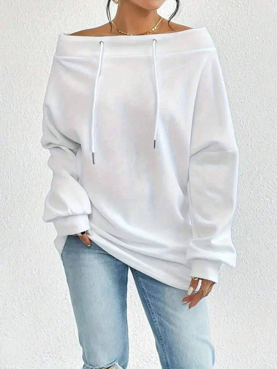 Women's White Off Shoulder Drawstring Oversized Sweatshirt, Casual Spring Long Sleeve Top - trắng - Xem 1