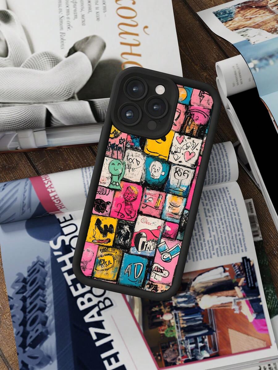 1 件涂鸦复古图案经典简约复古拼布美学风格适合赠送给朋友、家人、情侣、生日、节日，黑色哑光软壳防尘防水兼容 16/15/14/13/12/11/Pro/ProMax/X/XR/XS/XSMAX/7/8/PLUS、Galaxy、Redmi、OPPO、Vivo、Infinix