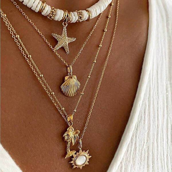 Boho Vintage Stil mehrschichtiger Anhänger Halskette für Frauen - Goldton mit Sonne, Palme, Muschel, Seestern Anhängern - aus Eisen gefertigt, vielseitig für Alltag und Urlaub tragbar, ganzjähriges Accessoire