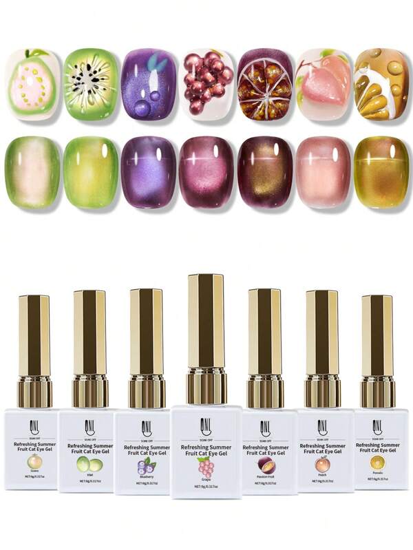 RS NAIL Esmalte de uñas en gel con diseño de ojos de gato con frutas de RSNAIL, 7 colores, 9D con brillo holográfico reflectante, pegamento para uñas con tema de frutas, de larga duración y resistente a desportillarse, curado con UV/LED, ideal para salón, arte de uñas DIY en casa y regalo para mujeres
