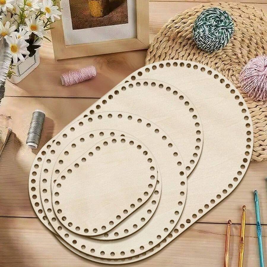 5pcs Beige Wooden Crochet Basket Bases, Oval & Round Blank Crochet Bases, 5 Sizes, DIY Handmade Weaving Supplies, Suitable For DIY Woven Baskets, Thick Yarn Weaving Products, Handmade Storage Baskets And Weaving Tools, Home Decor - Beige - View 1