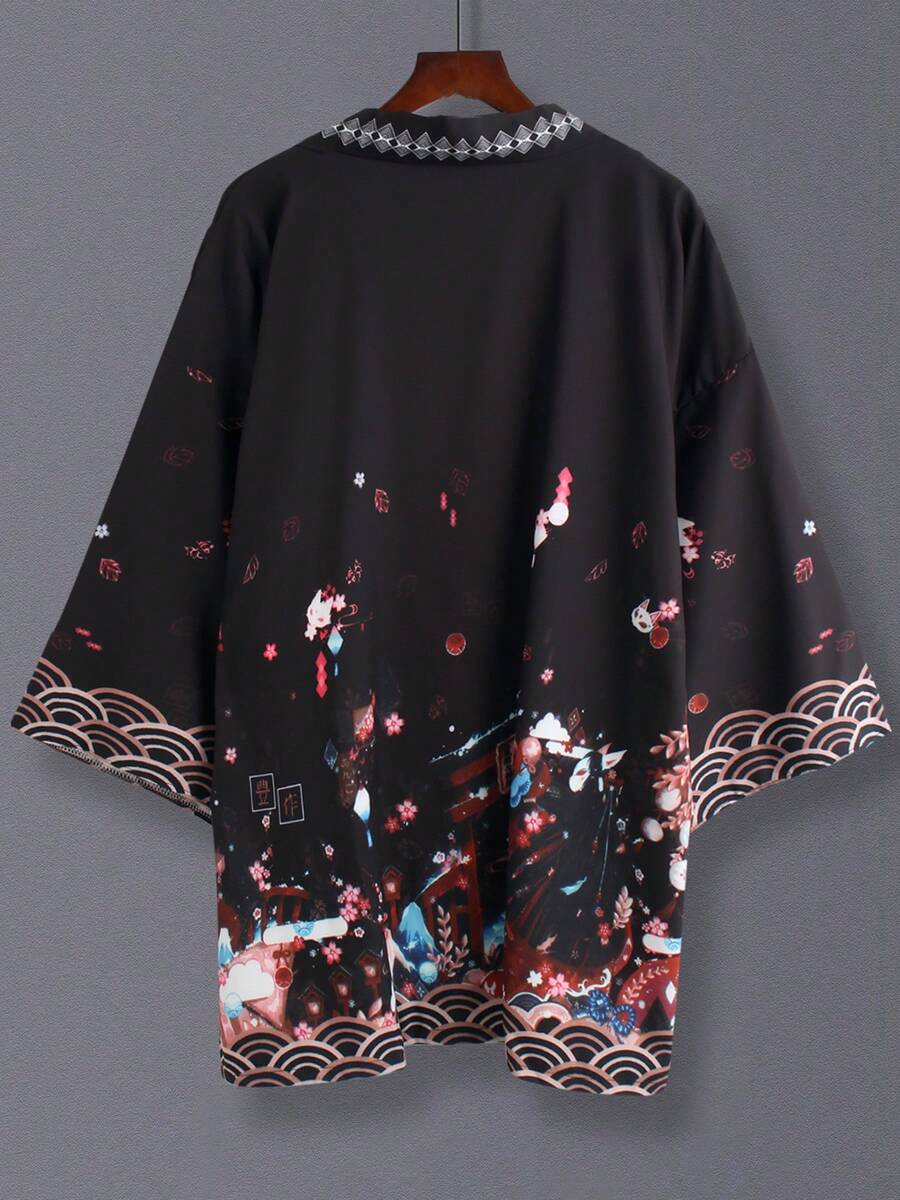 Áo khoác cardigan kimono chống nắng nhẹ in hình thần Inari phong cách Nhật Bản, dáng rộng thoải mái cho cả nam và nữ, cổ khăn choàng dài tay 3/4, thích hợp cho mùa xuân/hè, cosplay, anime, lễ hội - màu đen - Xem 1
