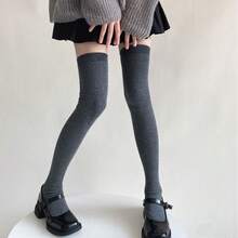 1 Pair Black & Grey Solid Color Slim Fit Over-The-Knee Socks, Autumn/Winter - Black - View 5