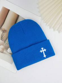 1 Peça Gorro de Malha Estilo de Rua Masculino com Bordado em Cruz, Chapéu de Malha Y2K, Sem Aba, Visual de Halloween e Outono