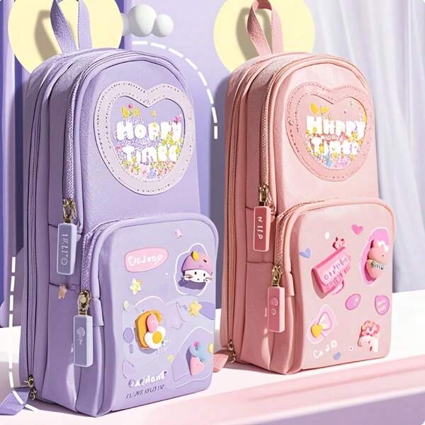 Cute Cartoon School Bag And Pencil Case Set With Star Glitter Accent, Multi-Compartment Design Featuring Three Compartments And Six Compartments, Soft Pull Tabs, Conical Patch Detailing, Lightweight Durable Exterior, Ideal For Back-To-School Everyday Use, Youth Backpack For Girls And Teens, Perfect For School, Travel, Art Class, And Homework Organization, Vibrant Colorways For Daily Styling And Practical Carrying Solutions
