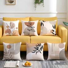 6 件套极简主义日常抽象棕色叶子几何图案靠垫套，单面印花天鹅绒材质，45*45/50*50/40*40CM 枕套适用于现代简约沙发客厅装饰、礼物、派对装饰 - 咖色-6pc - 查看 7