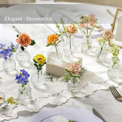 10pcs Bohemian Glass Vase Set | Rustic Wedding Mini Vases, Home & Dining Table Decor, Christmas Decorative Bottles, Small Vintage Glass Bud Vases, Bulk Clear Bud Vases, Diffuser Bottles, Centerpiece Decor, Cute Transparent Bud Vases For Home Flowers Wedding Decor Home Decor Room Decor Flower Vase
