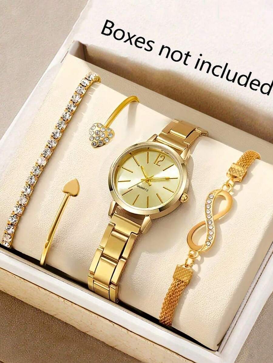4pcs/Set Fashionable & Minimalist Women/Student Quartz Watch With 8-Shaped Bracelet, Suitable As Gifts For Mother's Day, Teacher's Day, Thanksgiving, Graduation, Friends - Gold - View 1