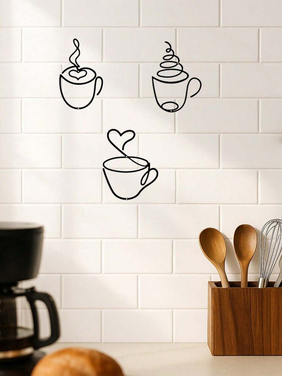 CIF BUY 奢华黑色金属咖啡杯壁饰（1件/3件套）——现代图形雕塑，适合咖啡爱好者的家居。提升任何客厅或餐厅的格调，适用于现代家居装饰、家居装饰、房间装饰。 - 彩色 - 查看 1