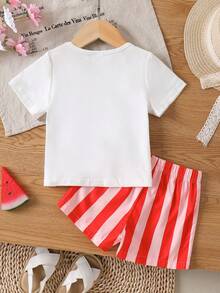 Bộ 2 món cho bé trai, áo thun ngắn tay cổ tròn in chữ và quần short kẻ sọc, trang phục mùa hè nhẹ nhàng. - trắng - Xem 2